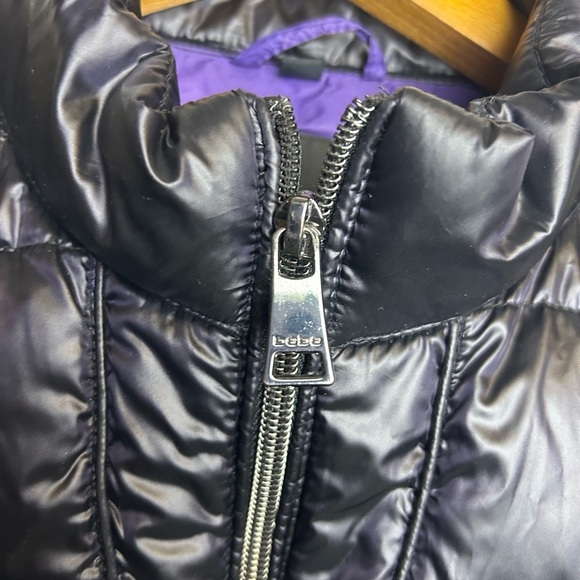 Y2K Bebe Down Puffer Bomber Jacket Women's Sp Black Shiny Purple inside pocket - Picture 10 of 16